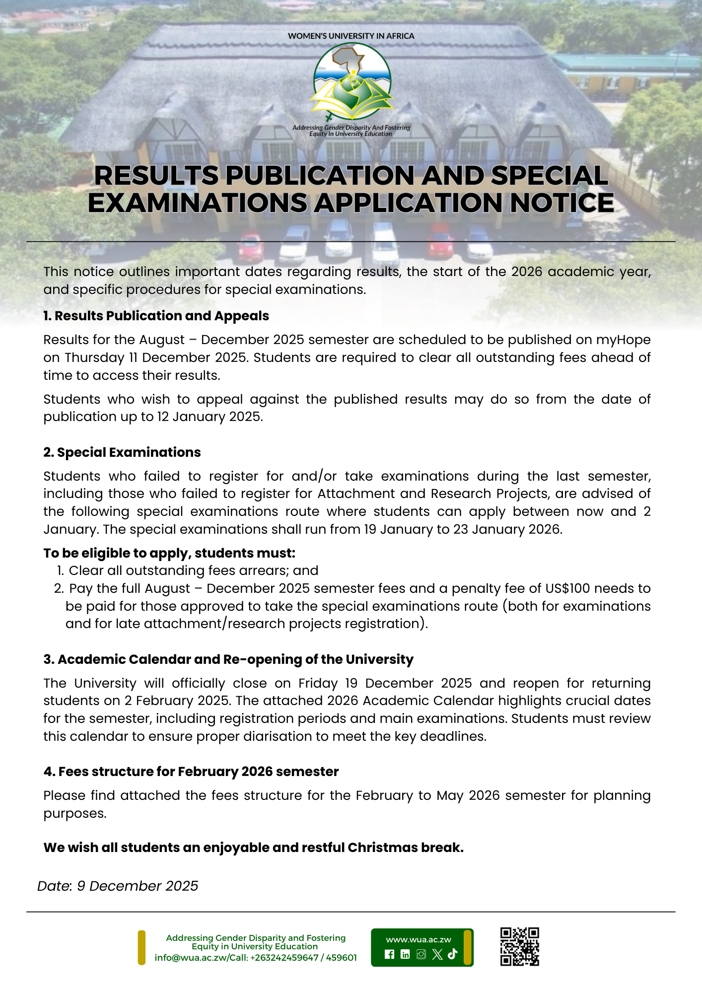 Results Publication and Special Examinations Application Notice